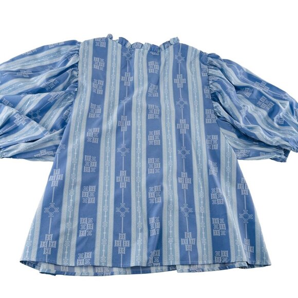 Michelle McDowell Womens Large Blue & White Patterned Smocked Blouse - Picture 4 of 5